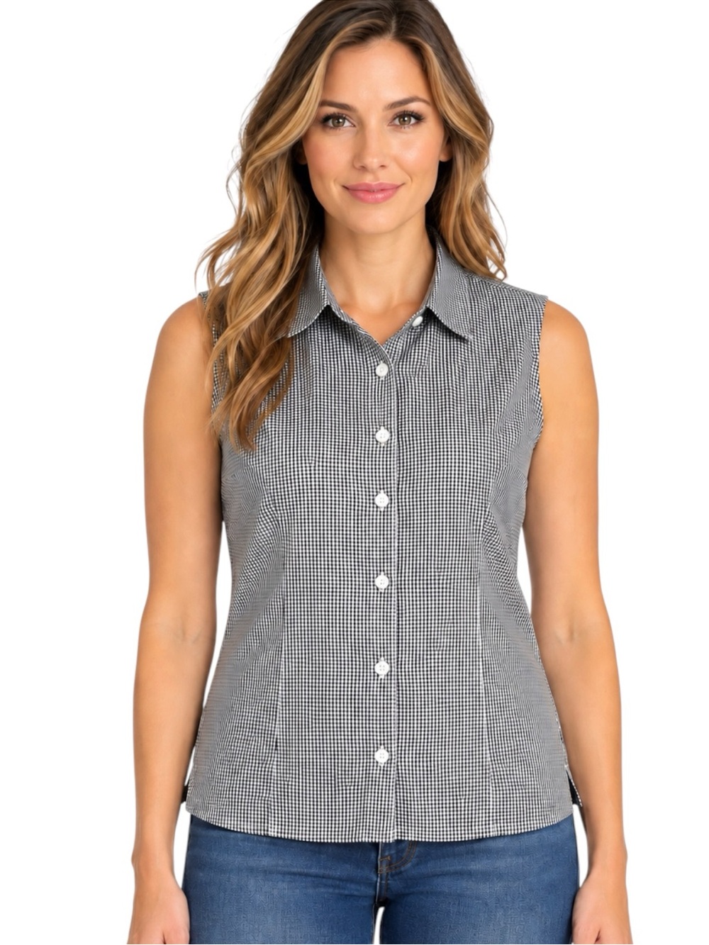 Liz Claiborne Lizsport Size XL Black White Gingham Sleeveless Button Down Shirt